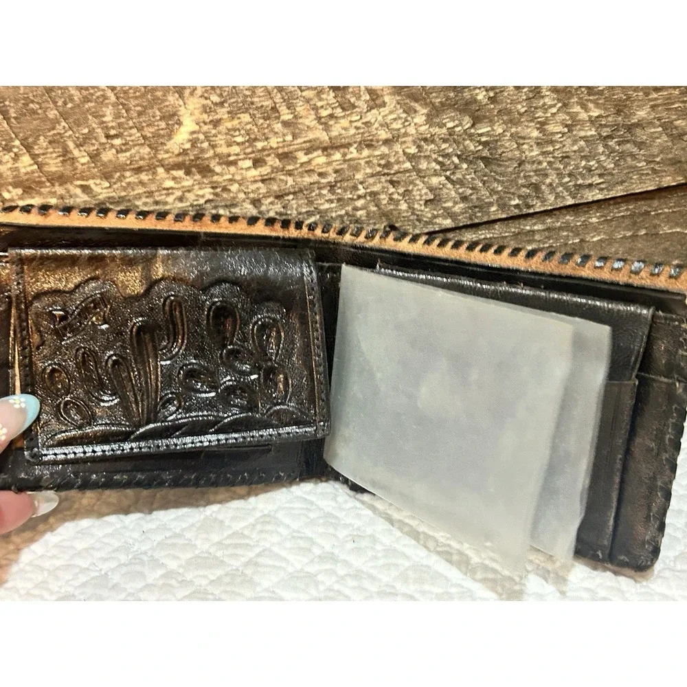 VTG Tooled Leather Wallet Mens Black Bifold Floral Embossed Western Braided Edge